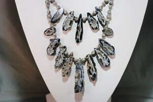 Gray lace agate, geode statement necklace with faceted gray lace agate beads.