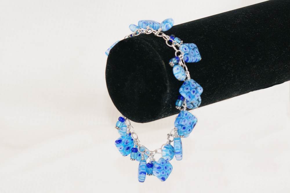 Bracelet handcrafted with Italian, blue, millefiori glass beads and sterling silver