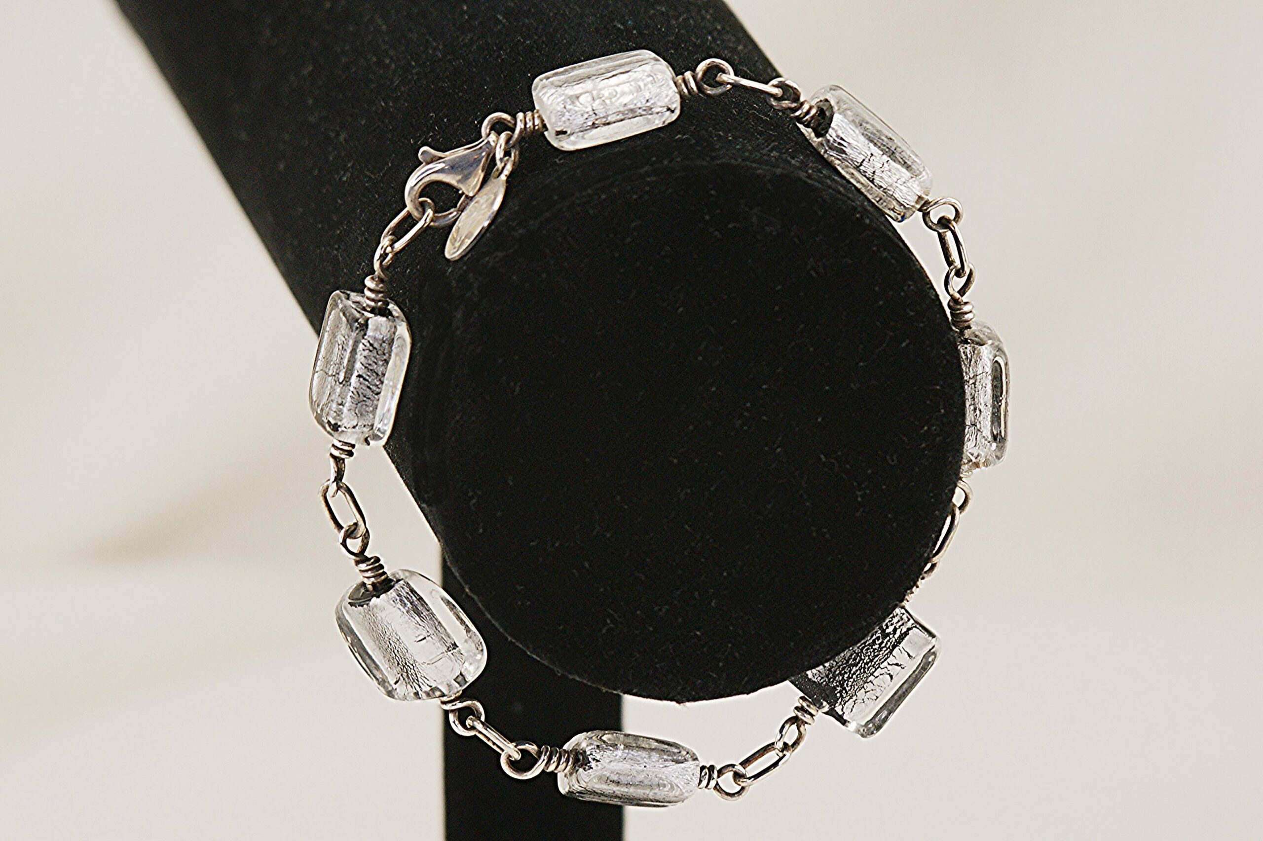 One of a kind, handmade, black and silver, Dichroic, glass bead bracelet.