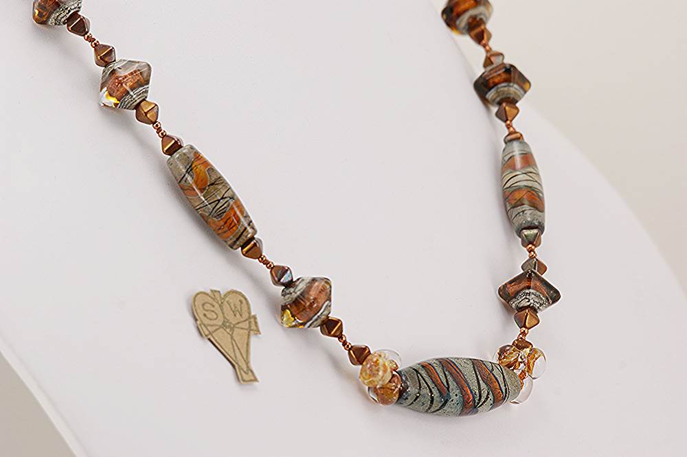 Handmade copper, brown and grey colored glass beaded necklace.
