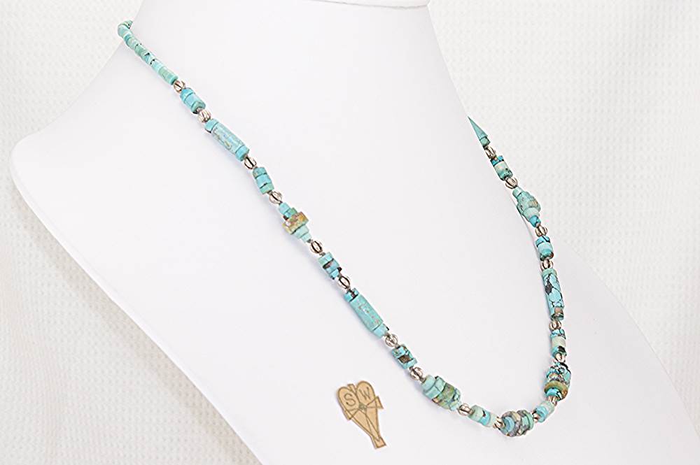Handmade sterling silver and old turquoise beaded necklace.