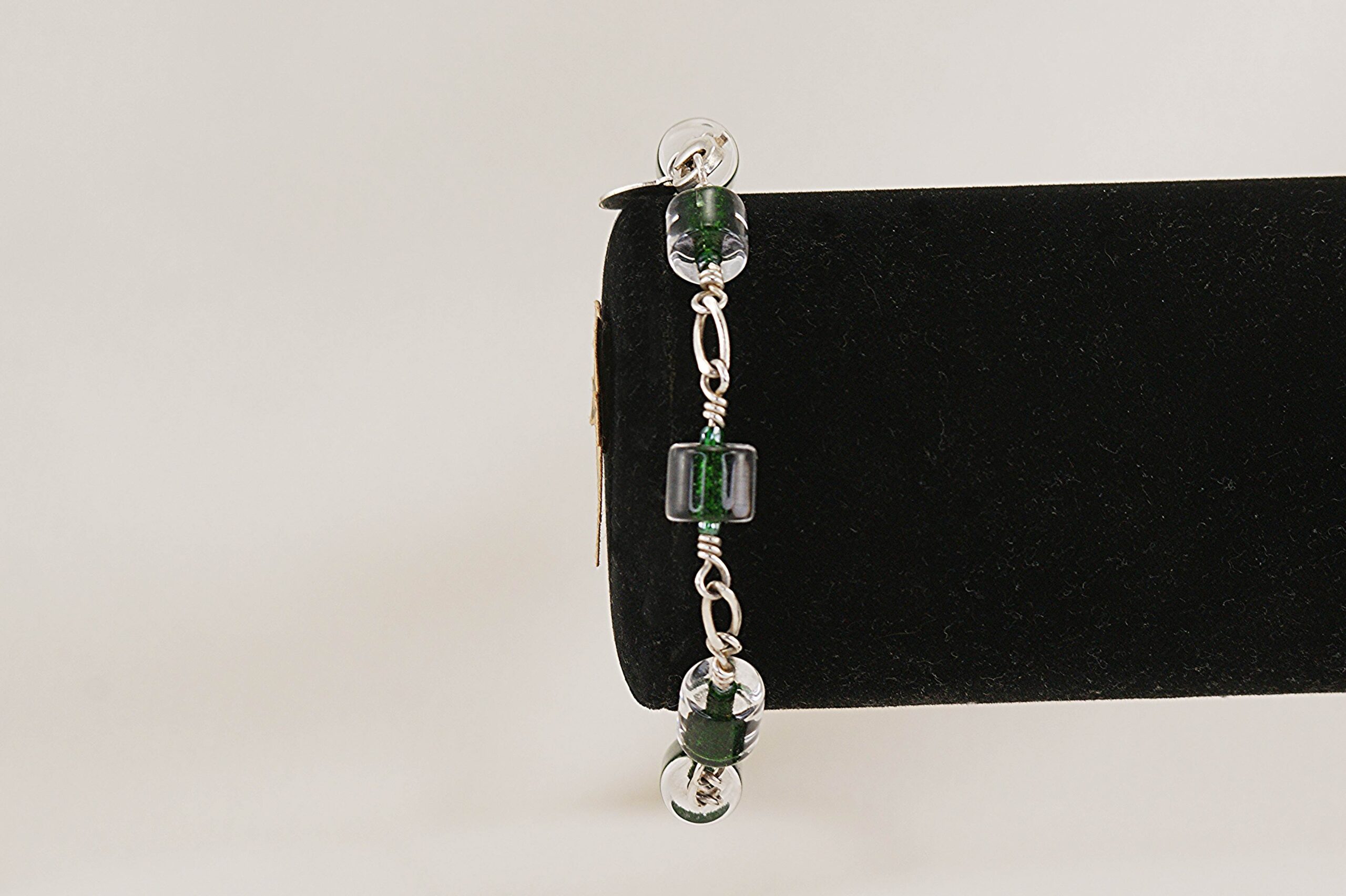 Emerald green and clear quartz bead bracelet with sterling silver.