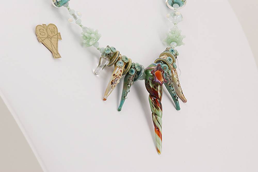 amazonite and sage colored glass bead necklace with sterling silver accents