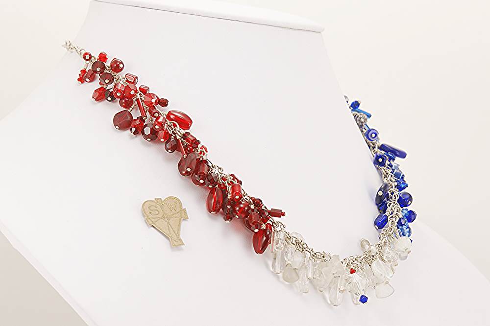 Red, white and blue Swarovski crystal necklace.