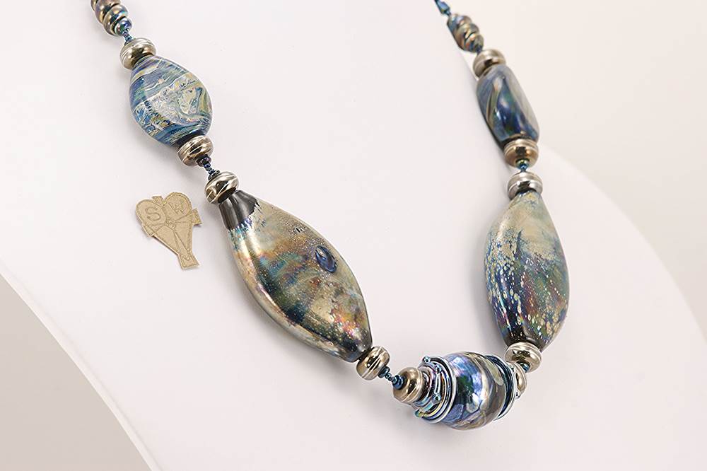 necklace black blue metallic glass beads with sterling silver flashing