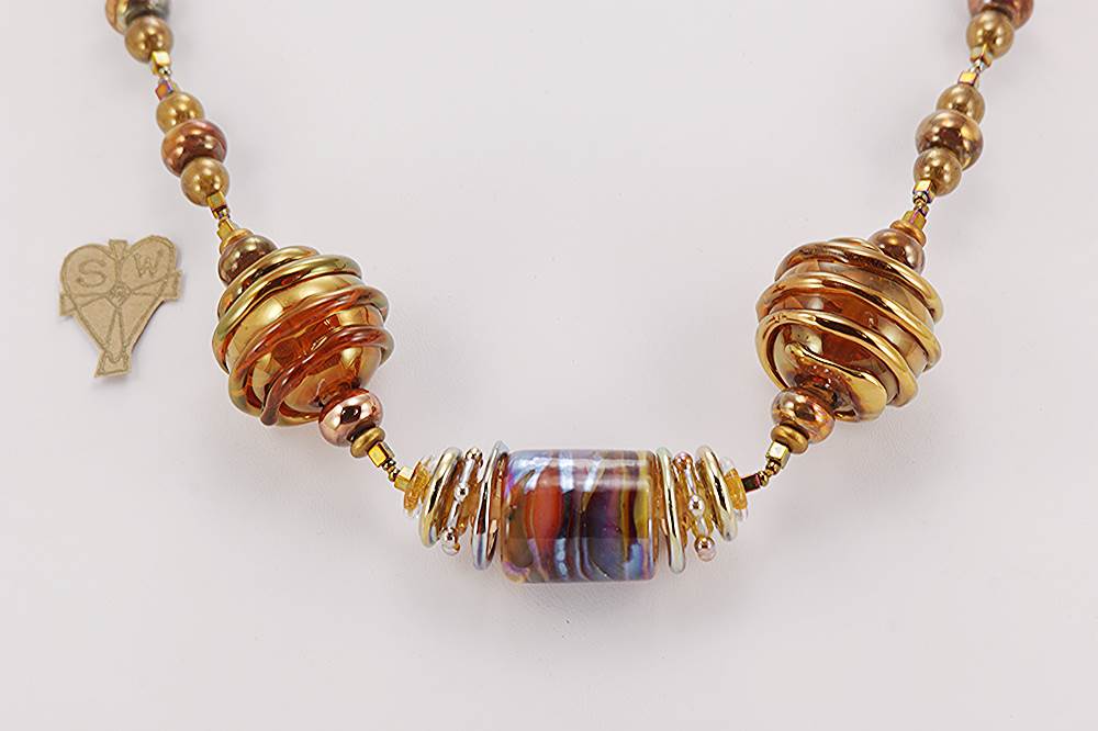 necklace with copper bronze and silver colored glass beads