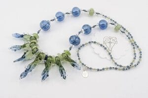 sage and sapphire colored handmade glass bead necklace
