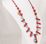 Deep red bamboo coral and turquoise necklace.