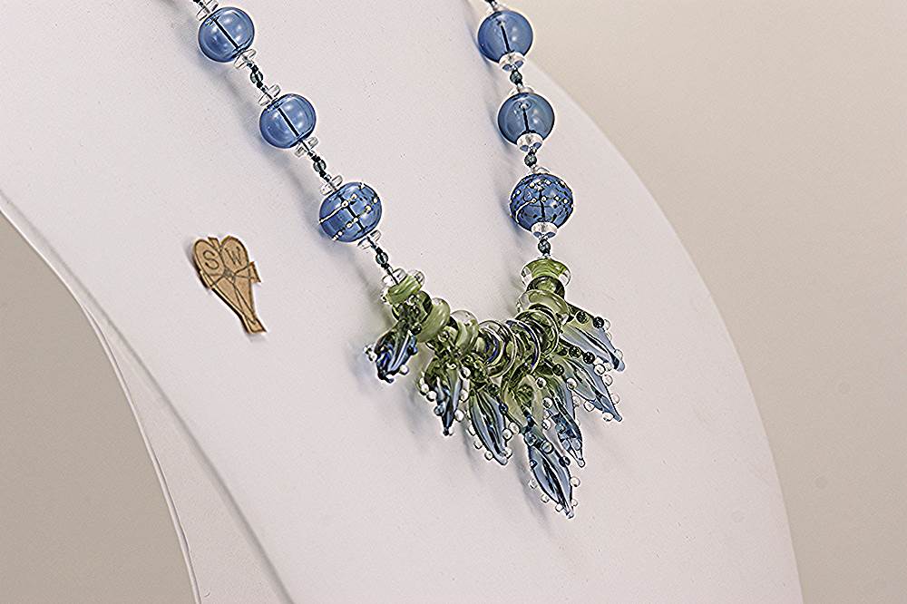 sapphire and sage colored glass bead necklace
