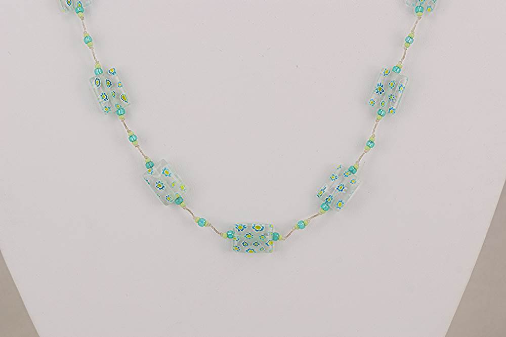 Light spring green and turquoise colored vintage millefiore beaded necklace