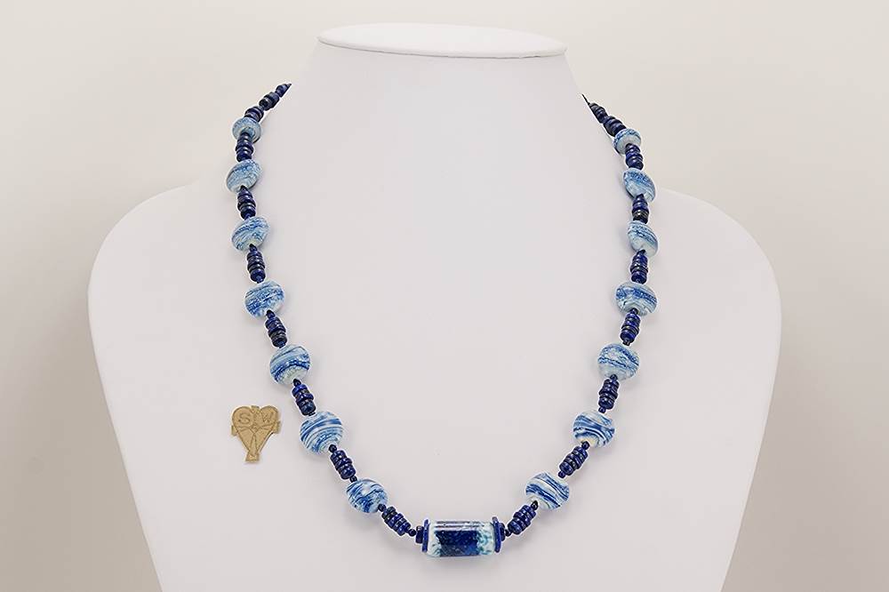 Cobalt blue and white glass bead necklace