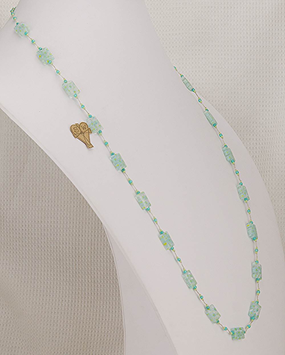 Handmade, spring green and turquoise, colored, glass bead necklace.