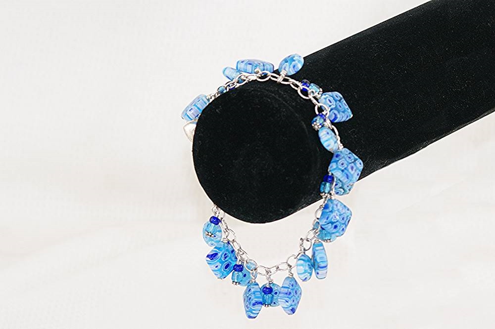 Royal and light blue murrini millefiori glass bead bracelet on sterling silver chain