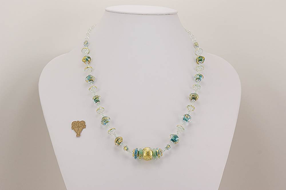 quartz crystal bead necklace with teal glass beads