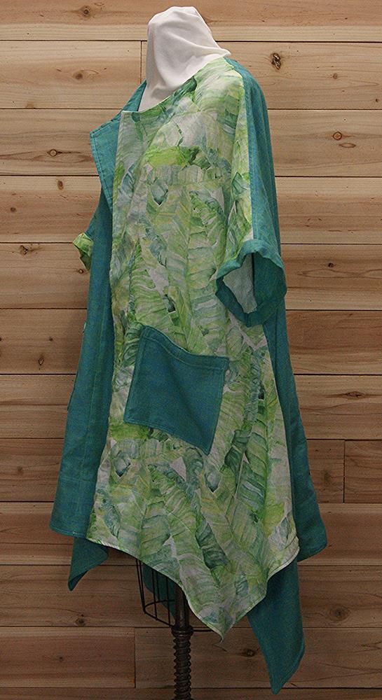 Spring green and turquoise blue chic linen cloak with 2 large lined front pockets.