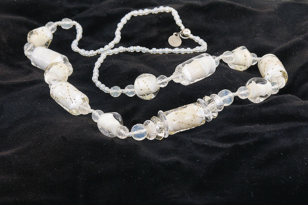 White and beige glass bead necklace with sterling silver accents
