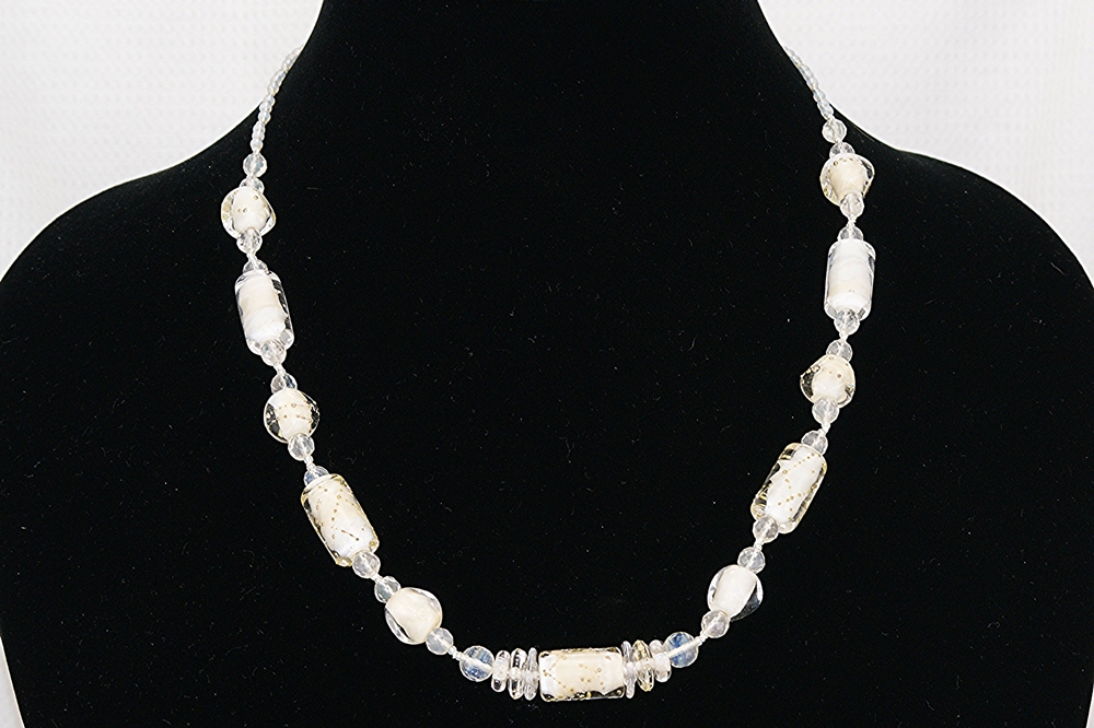 White glass bead necklace with moonstone, opal, glass seed beads.