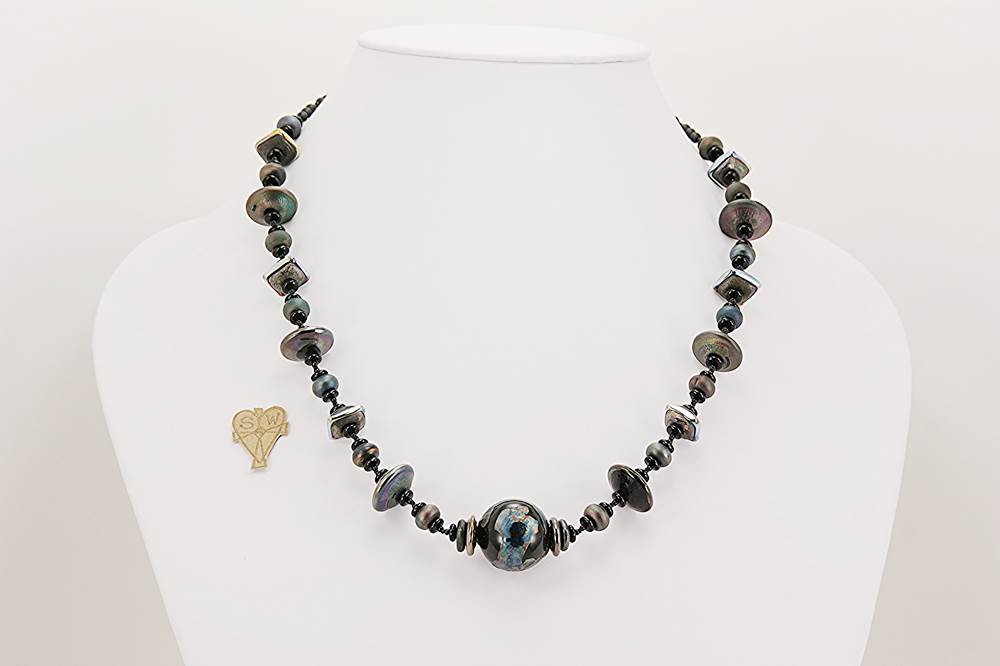 black glass beaded necklace with sterling silver edging