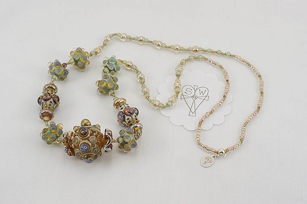 Brown beige silver glass bead necklace