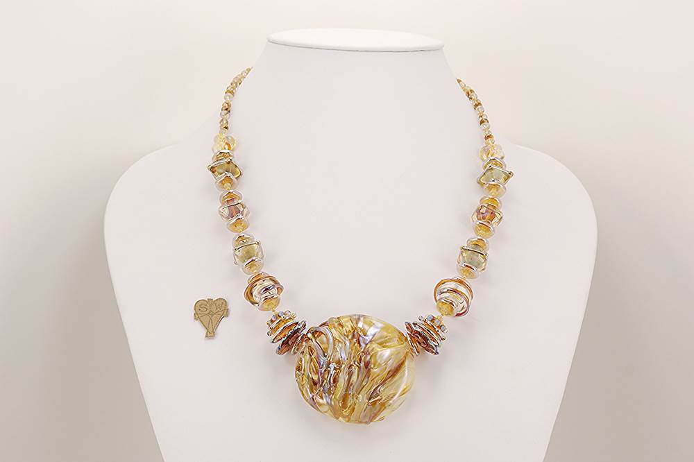 necklace golden glass sterling silver and quartz beads