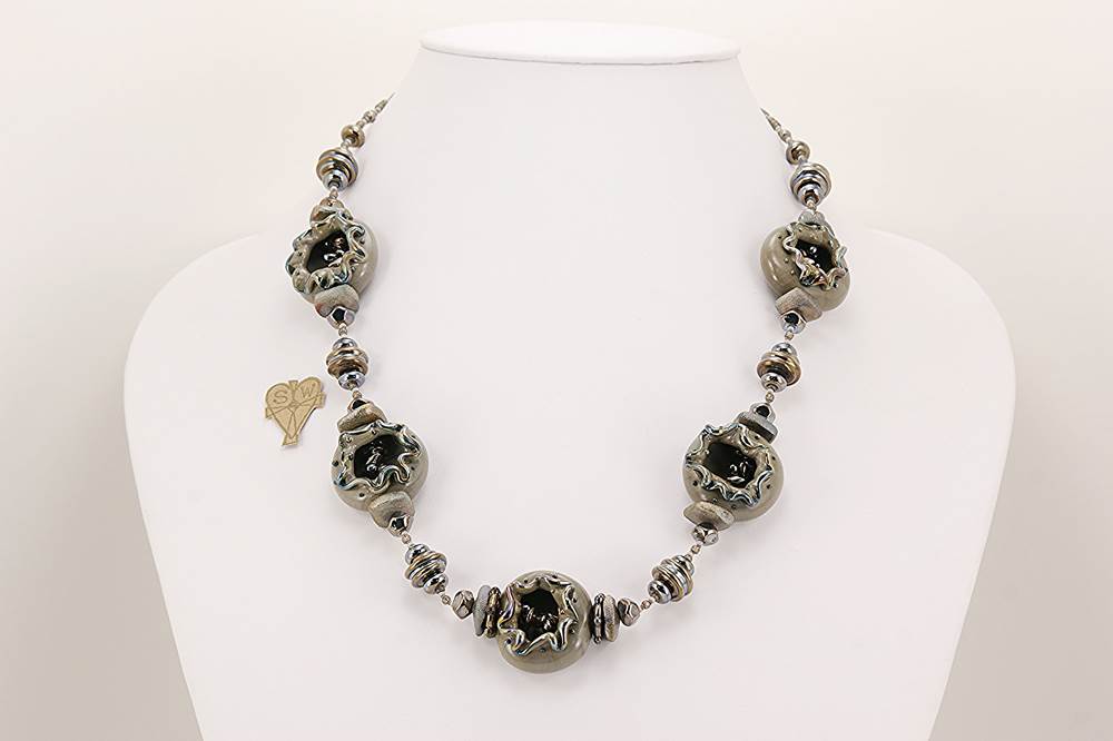 grey metallic glass bead necklace with sterling silver accents and raku effects