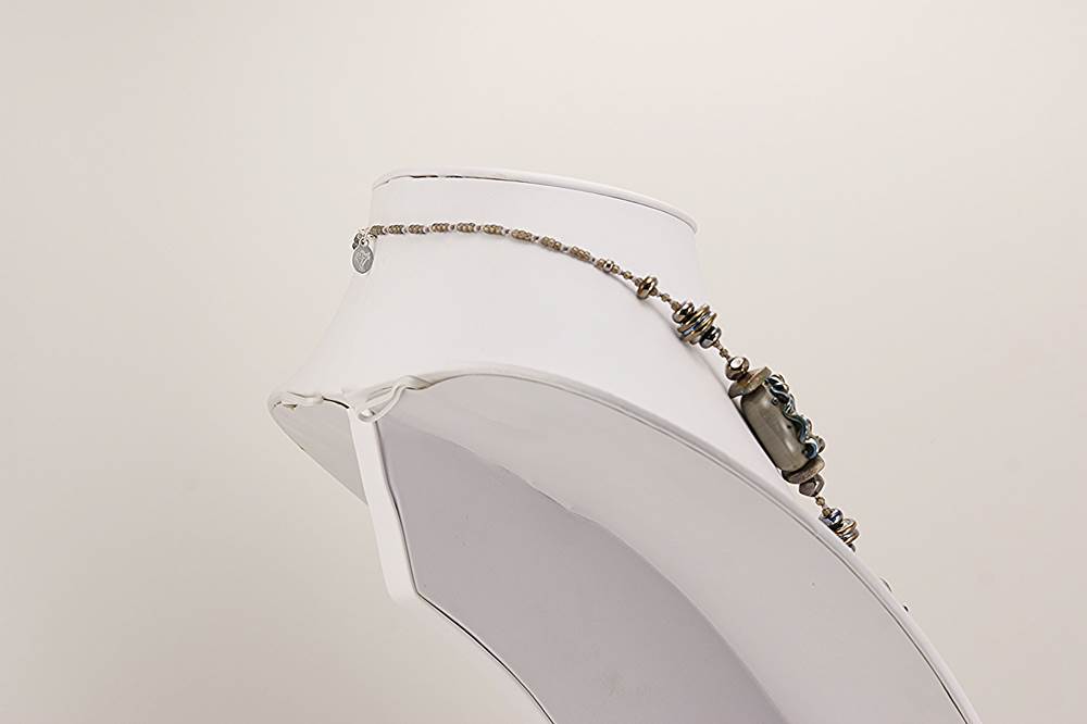 grey metallic glass necklace with sterling silver accents rear view