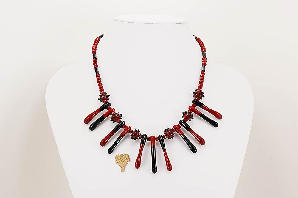 necklace with red velvet and black glass beads