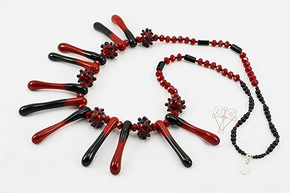 necklace with red and black glass beads