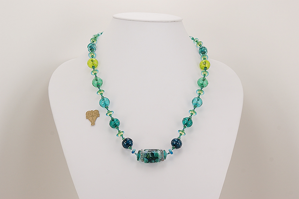 ocean blue green beaded necklace silver accents