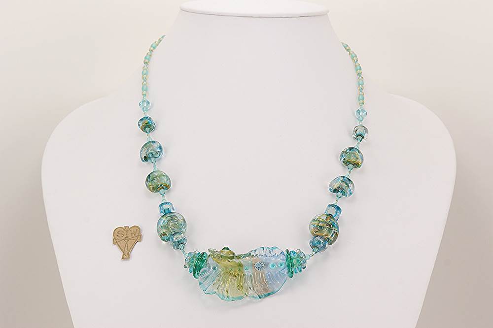 necklace with ocean colored murrini glass beads