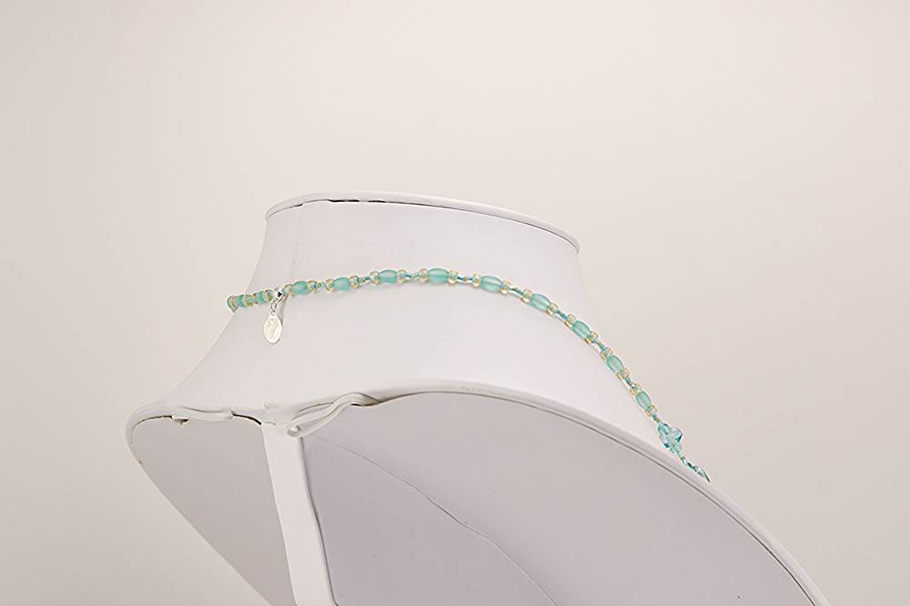 necklace made of ocean colored shimmering silver and gold dusted glass beads