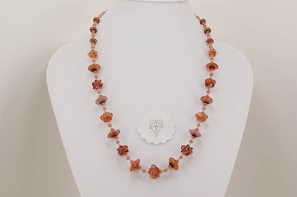 Watermelon tourmaline and mauve glass bead necklace>