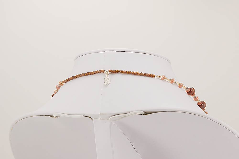 Mauve, pink colored glass and watermelon tourmaline crystal beaded necklace.