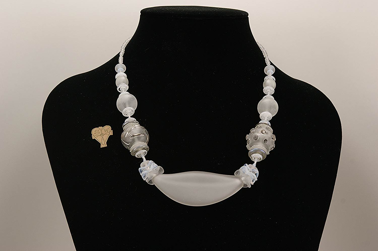 etched white and clear glass bead necklace