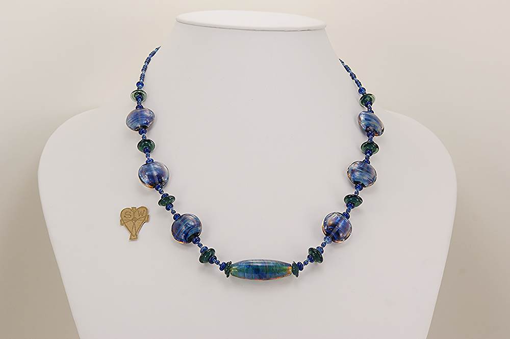 Blue, opalescent, glass bead necklace.
