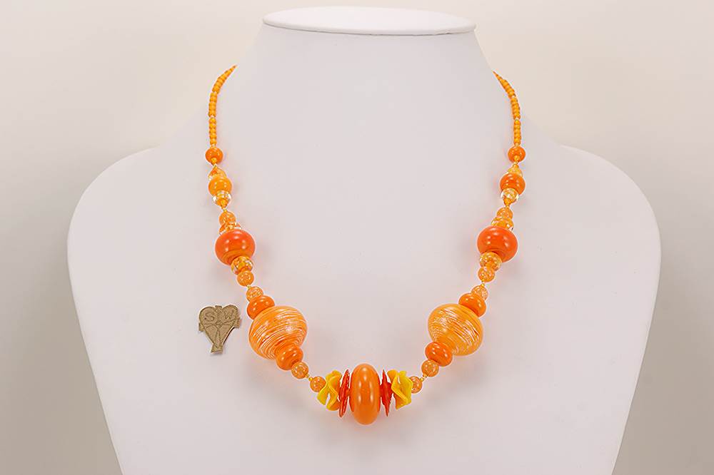 Bright orange handmade glass bead necklace.