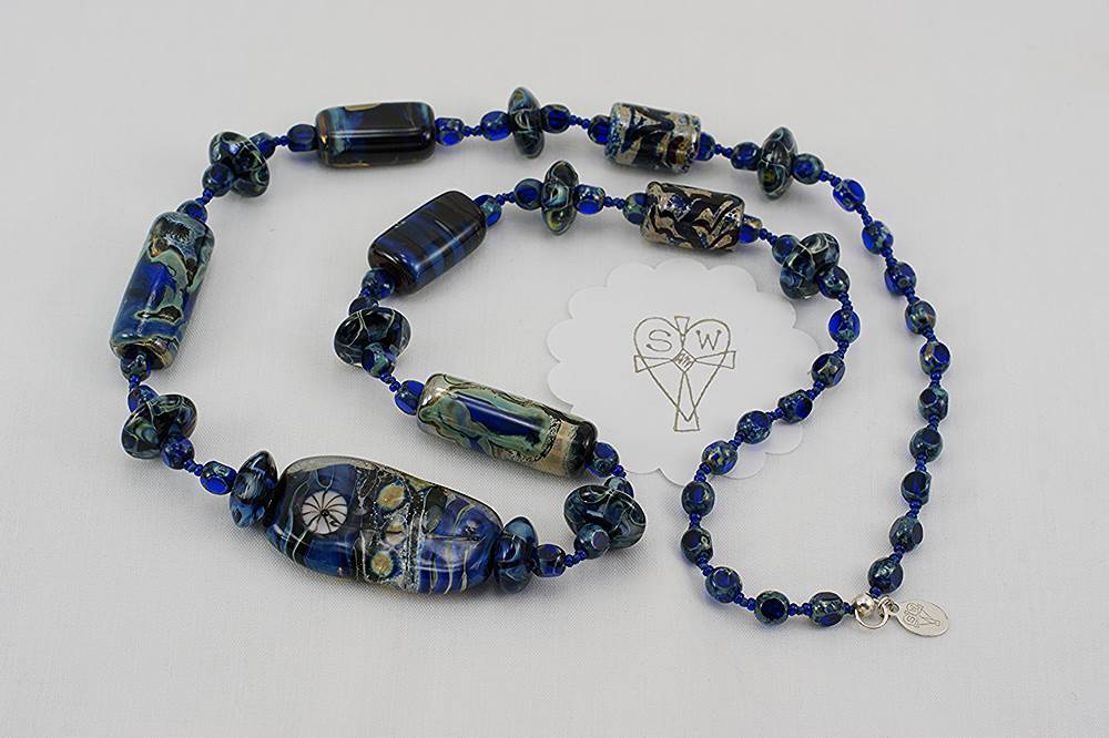 cobalt blue and green glass bead necklace with sterling silver accents