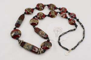 Deep red, grey and black glass bead necklace.