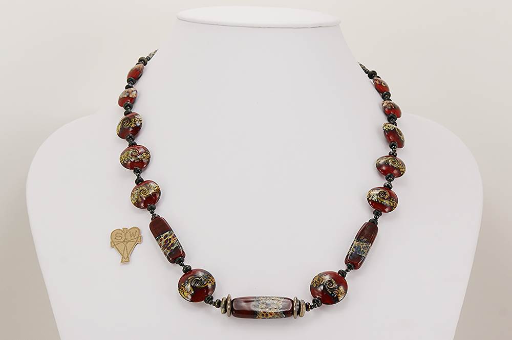 Handmade, deep red, grey and black glass bead necklace.