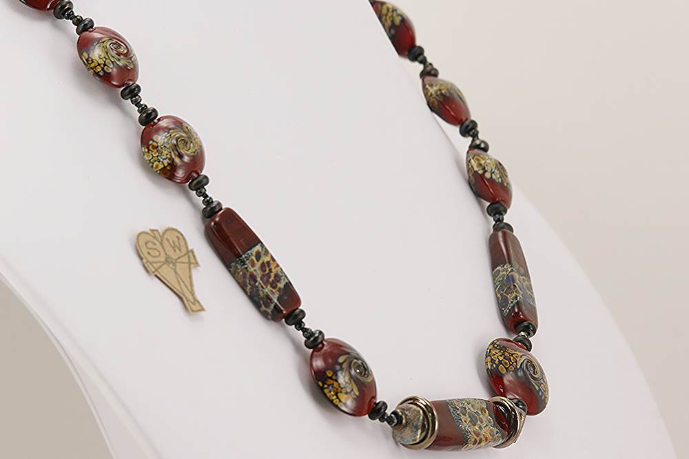 Dark red, grey and black glass bead necklace with raku effect and sterling silver accents.