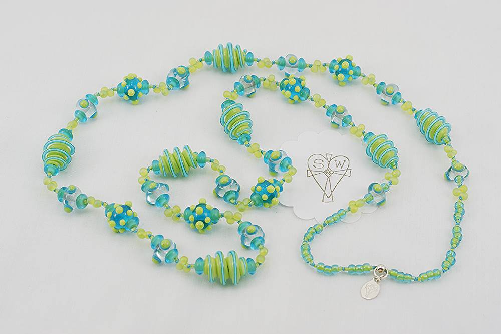 Bright light green and turquoise glass bead necklace
