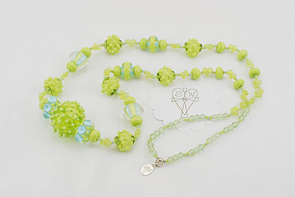 Bright spring green and robin's egg blue glass bead necklace