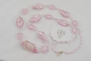 pink glass beaded necklace with sterling silver lining
