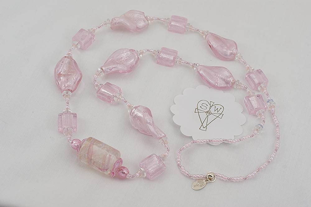 pink glass beaded necklace with sterling silver lining
