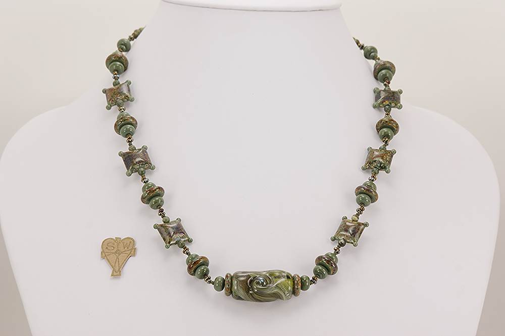 Handmade moss agate and olive green glass beaded necklace.
