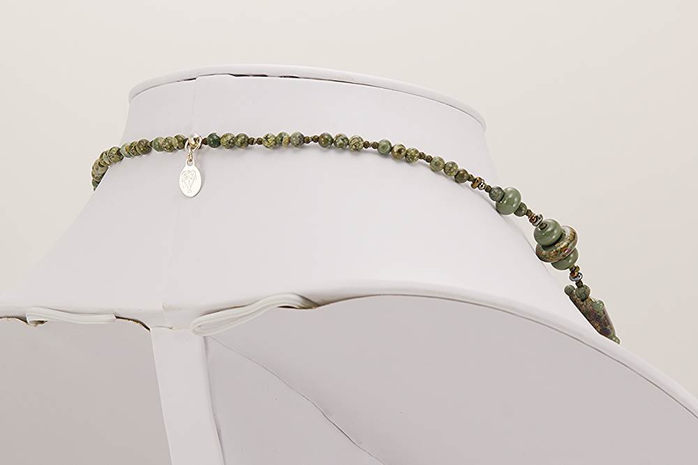 Moss agate semi precious stone bead necklace with olive green glass beads.