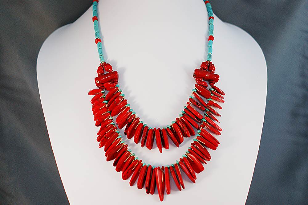 Red bamboo coral necklace with howlite turquoise.