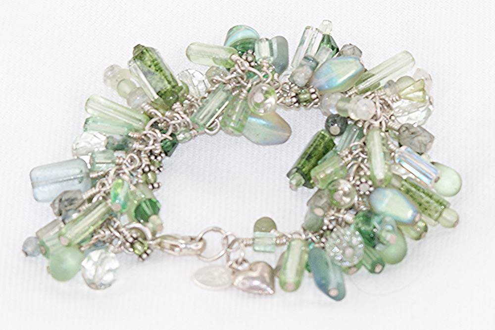 Jade, moss agate and peridot bracelet with sterling silver.