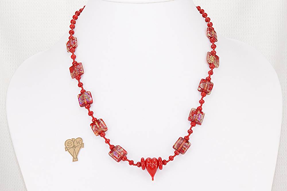 Red dichroic Venetian glass bead necklace.