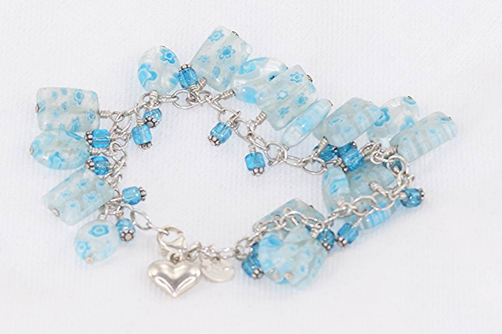 Sky blue and turquoise millefiori glass bead bracelet with sterling silver.